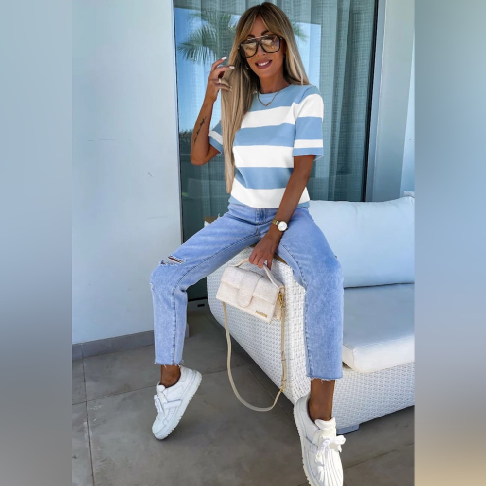Aria- Striped Blue and White Women's Knit Top